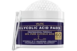 VALITIC 20% Glycolic Acid Pads for Face - Exfoliating Facial Polish with Vitamin C, E, Allantoin, Collagen Calendula, Green Tea - Skin Care Peel Wipes Treatment for Pores, Scars, Wrinkles - 60 Pads