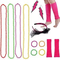 Horuru 80s Fancy Dress Accessories Neon Necklace Bracelet Earrings Gloves Leg Warmers Headbands Fishnet