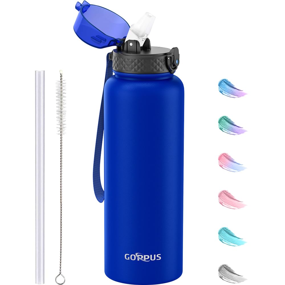 GOPPUS 1.2L/40oz Stainless Water Bottle with Straw Double Wall Insulated Bottles with Strap Large Vacuum Thermal Flask Leakproof Keep Cold Drinks Bottles with Flip Top Lid for Men Women BPA Free — image 1