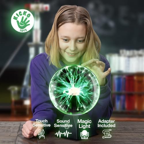 Kicko 7” Green Plasma Ball Touch Sensitive, Nebula Thunder Lightning Plug-in Plasma Globe, Crystal Ball for Parties, Science Decorations, Props, Light Up Ball for Kids, Bedroom Decor, Home