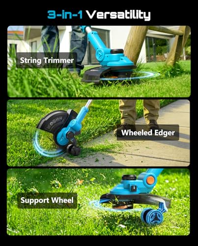Seesii 21V Brushless 13" Electric Weed Wacker Cordless String Trimmer and Wheeled Edger with 2 x 4.0Ah Battery, Telescopic Pole (42"-56"), Auto-Feed, Ultra-Lightweight for Yard/Lawn