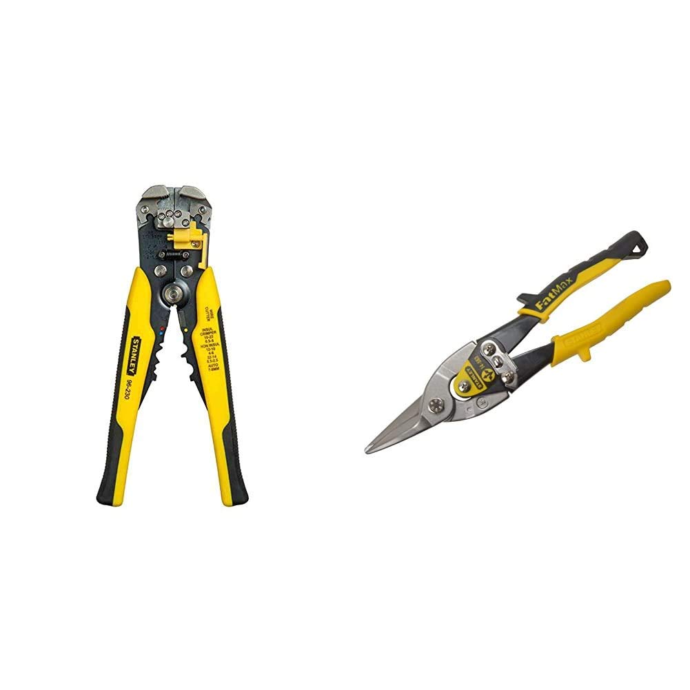 STANLEY FATMAX Automatic Wire Stripper, Strips 10-22 AWG Wire with Spring Loaded Handles, Comfortable Grip annd Adjustable Wire Stop & Aviation Snips – Straight Cut (2-14-563)