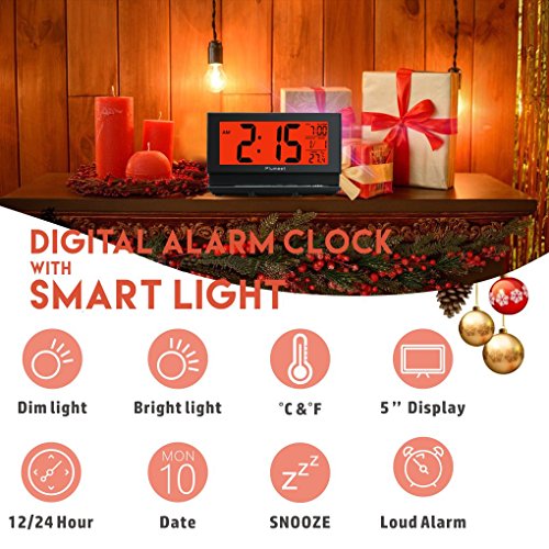 Plumeet Digital Alarm Clock with Auto-Night Light & Temperature, Snooze, Large LCD Numbers, Simple Setting, Battery Operated Only (Black)