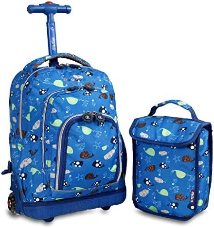 Kids Blue Sealife Animals Theme Rolling Backpack Lunch Bag, Starfish Suitcase, Girls School Bag, Wheeling Luggage, Duffel Wheels, Lightweight, Fashionable, Fishes