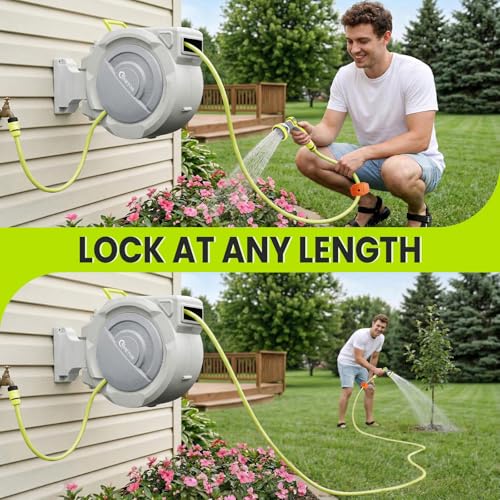 Bietor Retractable Garden Hose Reel, 1/2“ x 30m+2m Upgraded UV Resistant Heavy Duty Wall Mounted Hose Reel with 10 Patterns Nozzle, Any Length Lock, Slow Return System, 180°Swivel Bracket