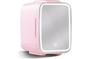 YASHE Mini Skincare Fridge with Dimmable LED Mirror, 4Liter/6 Cans Cooler and Warmer for Makeup, Cosmetic, Beauty, Food, Portable Small Refrigerator for Bedroom, Vanity, Office and Car- Pink