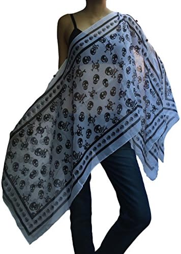 Scarf Caftan Tunic Poncho Cover-up,Skull&Bones Print, Shawl,White-