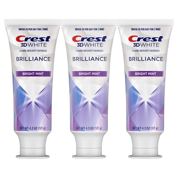 CREST 3D WHITE BRILLIANCE BRIGHT MINT TEETH WHITENING TOOTHPASTE, 4.3 OZ PACK OF 3, 100% MORE SURFACE STAIN REMOVAL, 24 HOUR ACTIVE STAIN PREVENTION, WHITER TEETH IN 3 DAYS