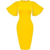 Memoriesea Women's Basic Bodycon Ruffle Flared Short Sleeve Pencil Midi Dress