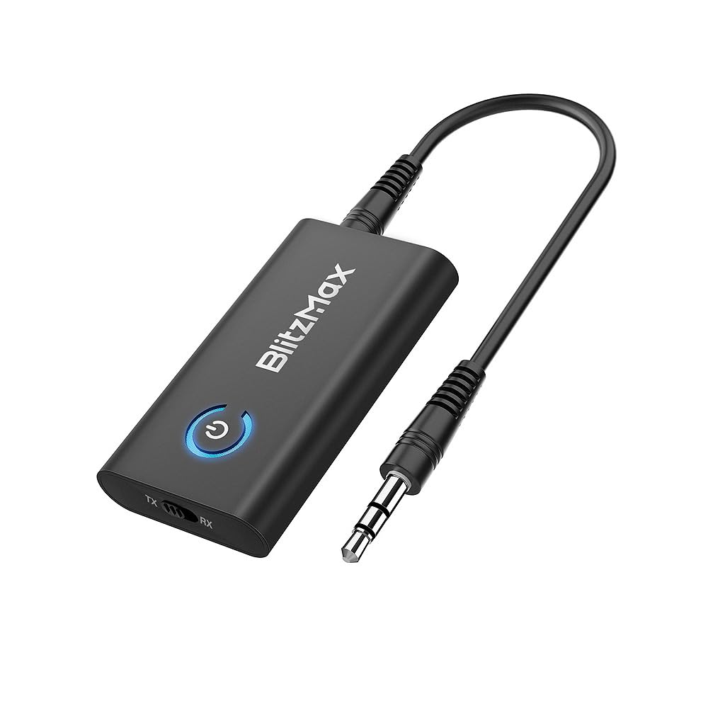 BlitzMax bluetooth 5.2 Transmitter Receiver, 2 in 1 Audio Adapter Mini Portable 3.5mm Jack, Dual Link Compatible with Devices PC/TV/Car Sound System/Wired Speaker, black (BM-BT05)