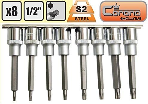 Corona Star bits Socket Set 8 pcs, torx T20-T50, 1/2",100 mm Long (Cor C6923), Variety Pack