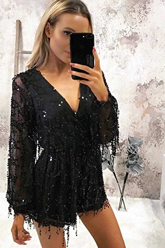 Missord Long Sleeve Slim Soft Lining Casual Jumpsuit Romper with Sequins Black X-Small