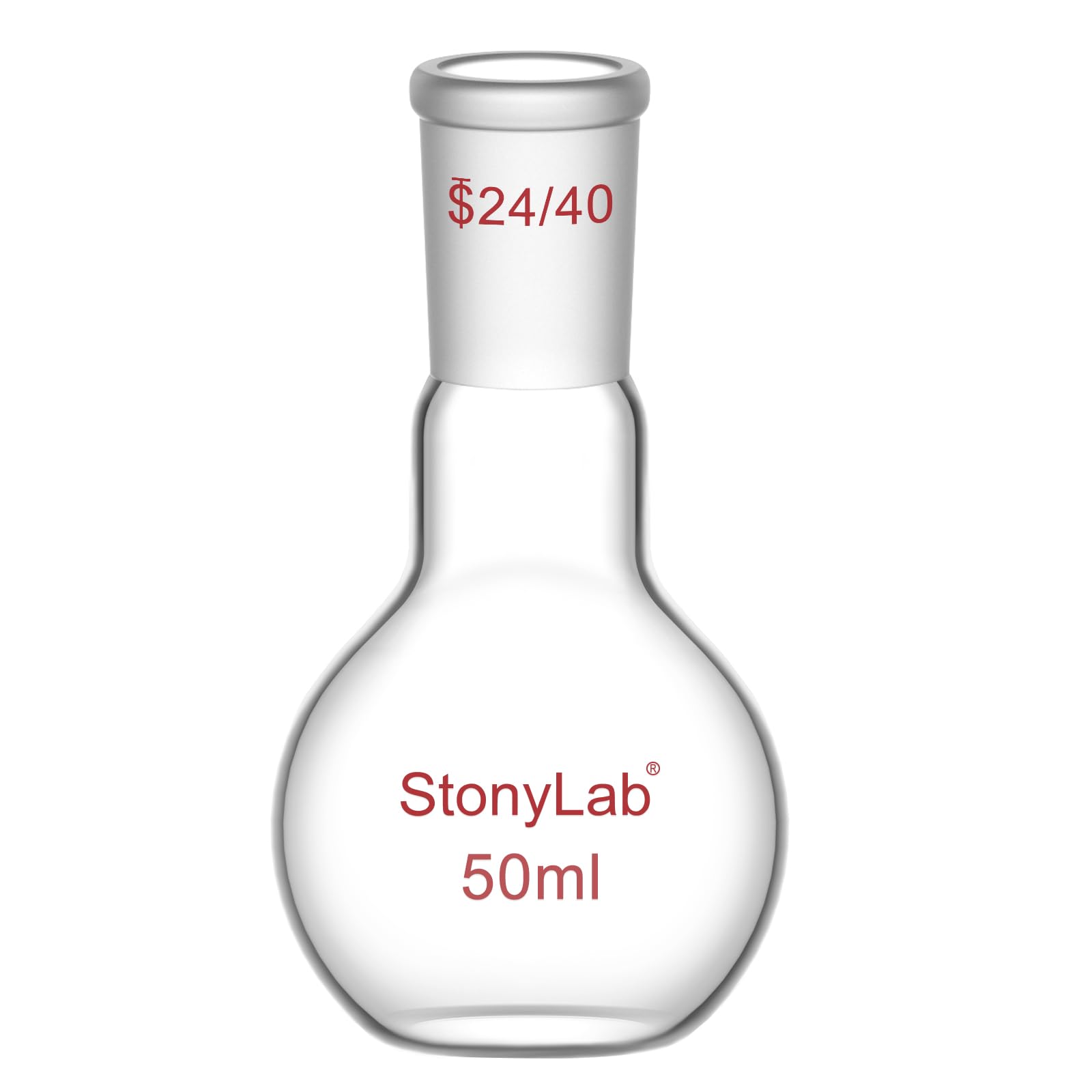 StonyLab Borosilicate Glass Heavy Wall Single Neck Flat Bottom Boiling Flask, with 24/40 Standard Taper Outer Joint, 50ml