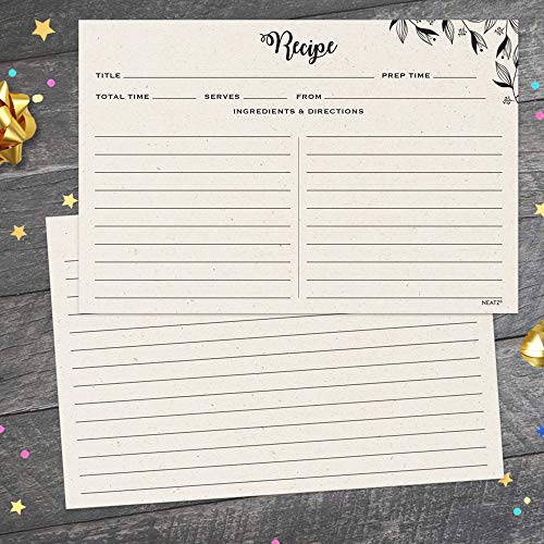 Spacious Recipe Cards - 50 count, 4x6" Double Sided. Thick Card Stock. Perfect for Recipe Box & Recipe Binder. Minimal Floral Kraft-Like Design