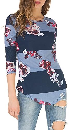 KUNNSTAR Womens 3 4 Sleeves Floral Print Long Sleeve T Shirt Blouse Tops Striped