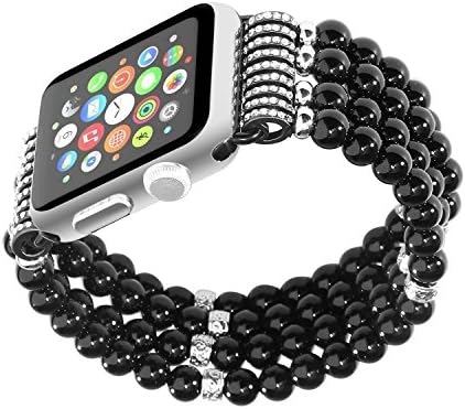 Apple Watch Band, Fashion Handmade Elastic Stretch Faux Pearl Natural Stone Bracelet for Apple Watch Series 1 & Series 2 iWatch Band (Black, 38mm)
