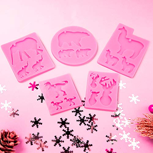 5 Pcs Animal Silicone Mold with Hole, Handmade Bear Elephant Dinosaur Llama Elk Mold, Animal Keyring Tag Keychain Silicone Mold, DIY Crystal Jelly Shots Ice Cream Desserts Candy Fondant Mold (5 Pcs)