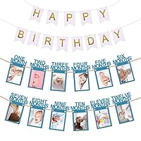 Hurriman 1st Birthday Photo Banner, Milestone Keepsake Bunting Garland Monthly Photo Banner for Baby 12 Month First Birthday Party Decoration (Blue)