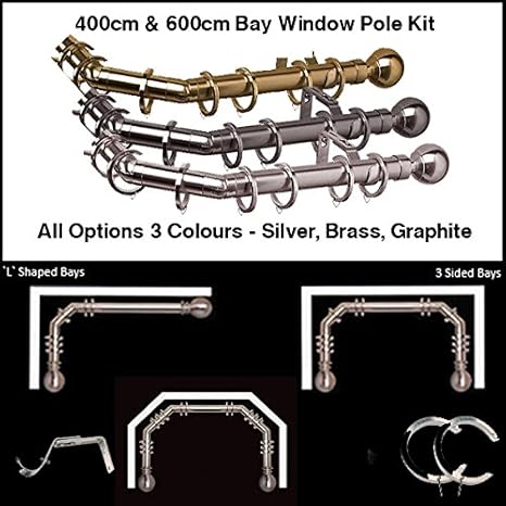 400cm Or 600cm 3 Or 5 Side Bay Window Curtain Pole Kit 3 Colours