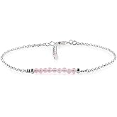 YANARA Rose Quartz Ankle Bracelet for Women Jewelry, Natural Birthstone, Gemstone Beads, Handmade Dainty Anklet 9"+1.25" inch, 3mm Rounds, Chakra Energy Crystals, Silver Plated Chain