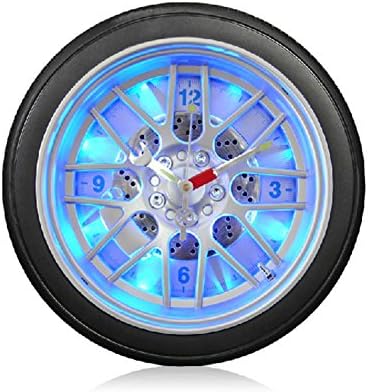 DHXY Fashion Personality LED Night Light Silent Wall Clock Quartz Clock Creative Car Tires Living Room Bedroom Clocks , 10 inches , silver dial