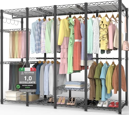 AQRA Metal Coat Stand, Adjustable Shelf Height, Large Capacity Wardrobe, 4 Assembly Methods, for Hanging Clothes, Storage, 193.5W×43.5D×195H (Black)