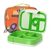 Kids Bento Lunch Box Set in Green w/Trucks Design Lunch Bag, 5 Compartment Bento Box for Kids, Divided Lunch Containers, Easy Open Lunch Containers for Kids, School Lunchbox for Boys and Girls