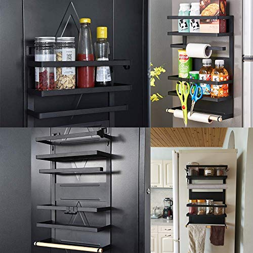 Refrigerator Organizer 4 Tier Magnetic Fridge Spice Rack Paper Towel Holder Multi-purpose Storage Shelf with 5 Hooks, Black