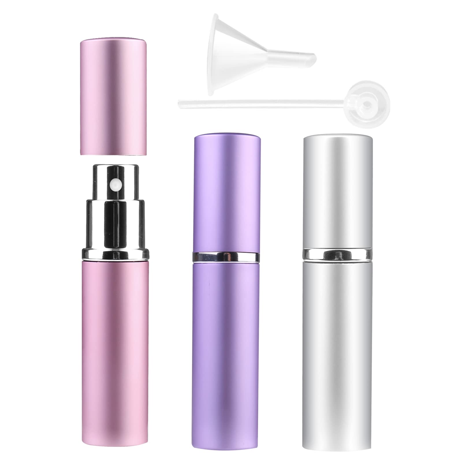 Zingso Refillable Travel Perfume Atomiser Bottles, 3 Pcs 6ml, Mini Portable Spray Bottles for Perfume Aftershave, Empty Travel Bottles with Funnel (Pink+Silver+Purple)