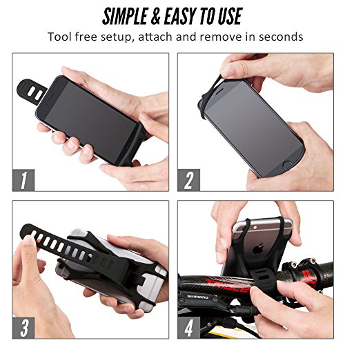 Bike Phone Mount, Fnova Silicone Adjustable Bicycle Phone Holder, Universal Cradle for Any Smartphone with 4.7-6 Inch Screens and All Bicycle Handlebars, Attach and Detach in Seconds (Black 2)