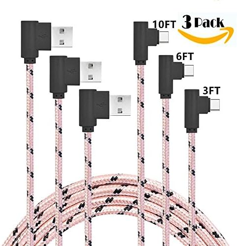 USB Type C Cable, KinPond [3-Pack] 1M/2M/3M Left Right 90 Degree Angle Charge and Data Sync Cable for Samsung Galaxy Note 8 S8 Plus, LG G5 G6 V30, HTC 10, Nexus 5X/6P,Google Pixel XL (Pink black)
