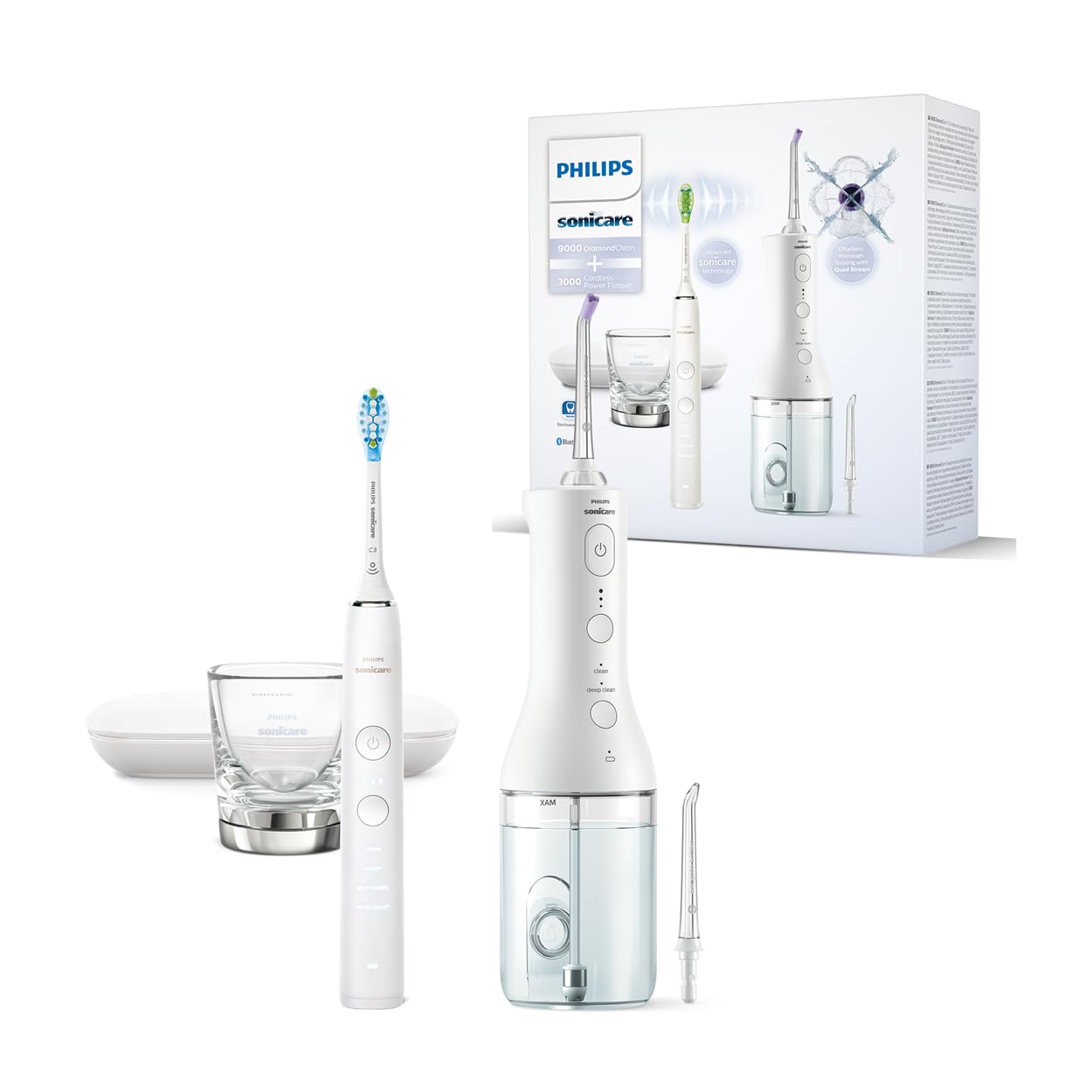 Philips Sonicare kabellose Power Flosser Munddusche und DiamondClean 9000 elektrische Zahnbürste – Saubere Zähne, sauberes Zahnfleisch und Plaque-Entfernung, Weiß (Modell HX3886/41)