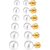 3-10 MM Pearl Stud Earring Set 6 Pairs Stainless Steel Flatback Earrings Hypoallergenic Screwback Jewellery Kit for Sensitive Ears Women Flat Back Helix Jewelry Aretes De Perlas Para Mujer