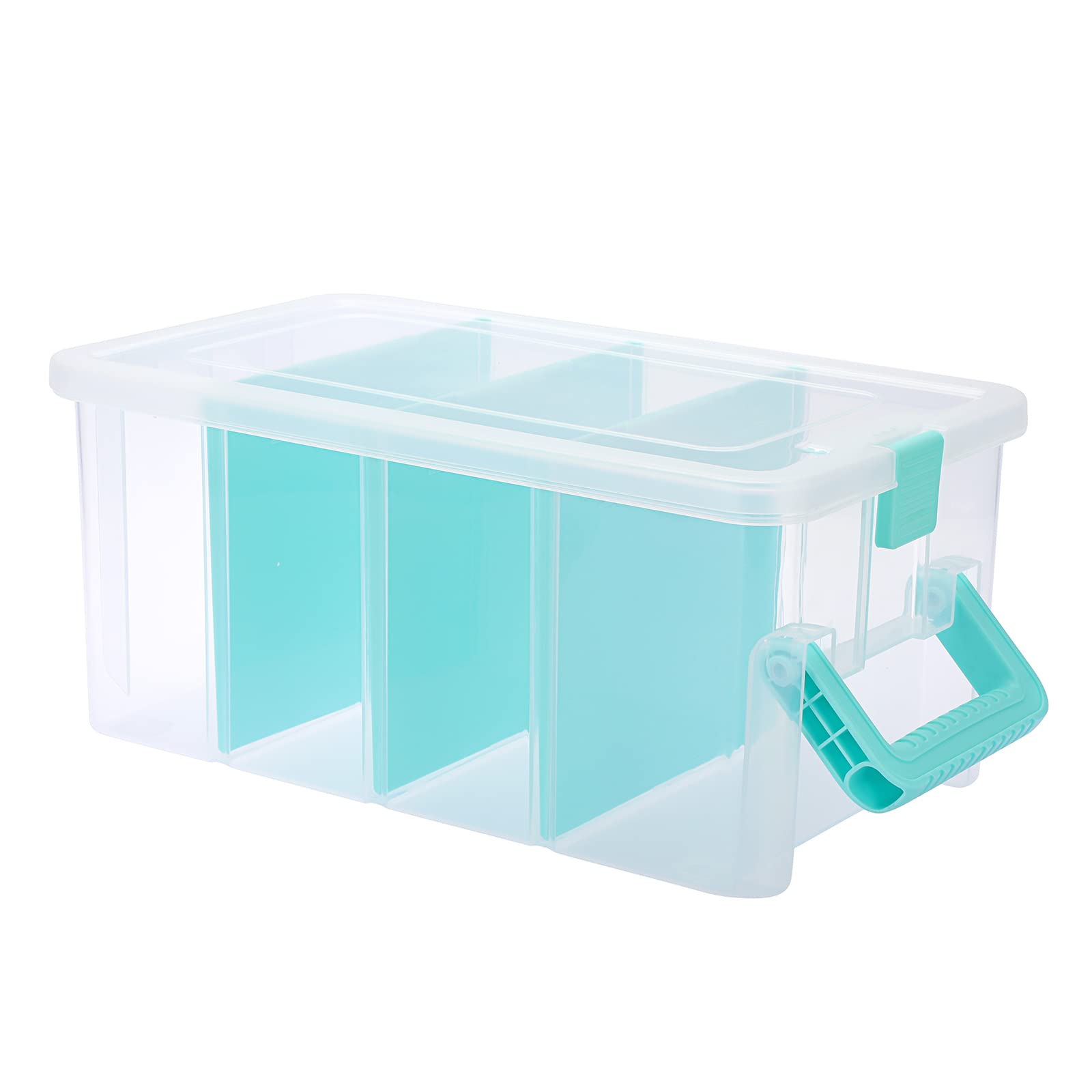 BSTKEY Plastic Clear Blue Storage Container Organizer Box, Home Utility Storage Box with 4 Detachable Compartments and Handle, Vertical