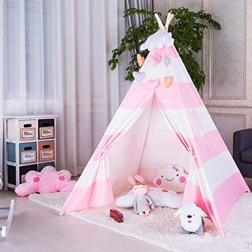 JINKAKA Kids Teepee Play Tent - Indian Children Play House - 100% Cotton Canvas Princess Girls Tent for Indoor and Outdoor (Pink Stripe)