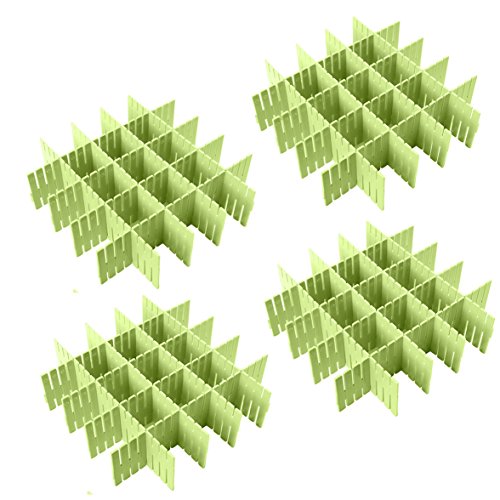 NewFerU Plastic Desk DIY Grid Drawer Dividers Adjustable Tidy Closet Shelf Storage Organizers for Purses,Ties,Tshirts,Pens,Bras,Sock,Underwear,Scarves,Makeup,Kitchen Cutlery Flatware (32pcs Green)