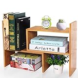 VSADEY Desk Storage Organizer Bamboo Adjustable Desktop Organizer Display Shelf Rack Bookshelf, Office Supplies Desk Organizer, Natural Wood
