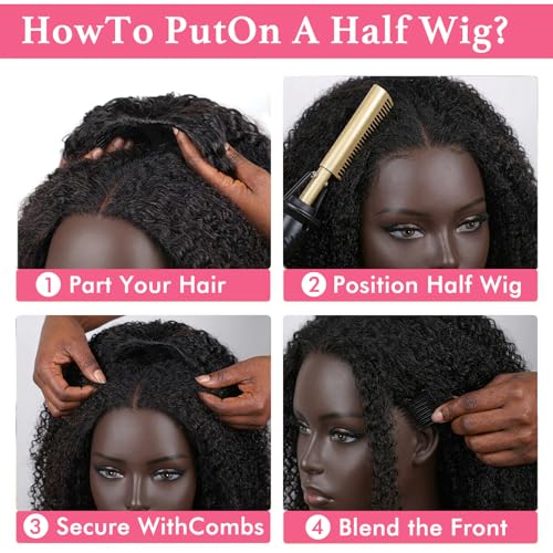 Half Wig Human Hair Deep Wave Demi Perruque sans Colle 180% Densité Perruque Cheveux Humain Perruque Bandeau Bouclée 3 In 1 Seamless Drawstring Headband Wig Couleur Naturelle (16 Pouces)
