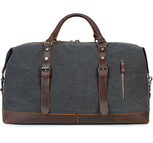 Beeaoo Canvas weekender Bag Leather Trim Duffel Bag Overnight Weekend Bag for Men and Women