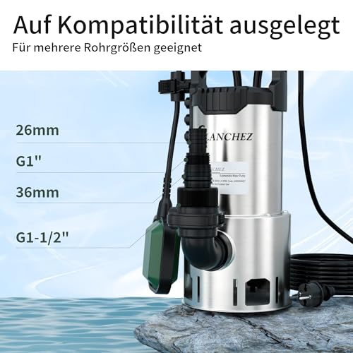 LANCHEZ Stainless Steel Submersible Dirty Water Pump 1100 W, 20,000 l/h, Discharge Head 11 m, Max Permeable Particle Size: 3.5 cm, Adjustable Float Switch, Thermal Protection, for Pool, Chuck, Garden