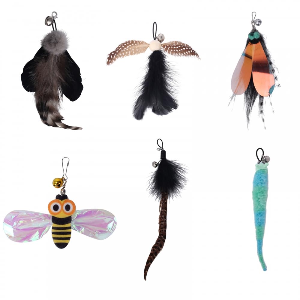 DONGKER 6PCS Cat DIY Toy Feather Heads,Kitten Teaser Fishing Rod Replacement Head with Bells for Cats Teaser Fishing Rod(Not Include Rods)