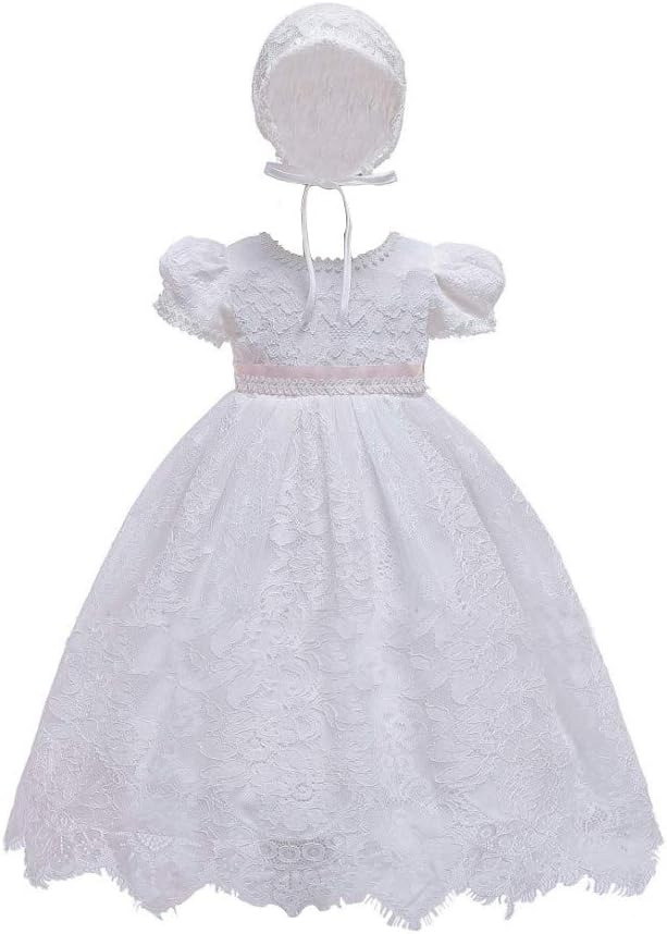 Baptism Dress for Baby Girls - Infant Christening Gowns Princess Lace Party Birthday Wedding Dress Outfit with Bonnet White