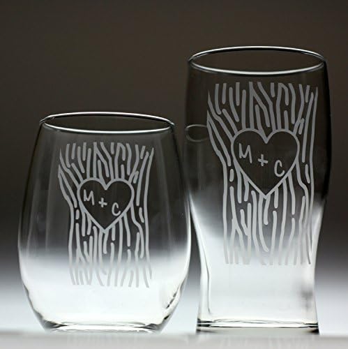 Personalized Tree with Heart and Initials Pilsner and Stemless Wine glass Set of two Glasses