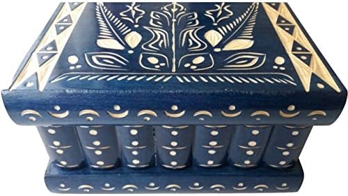 AZI Big wooden magic mystery puzzle box secret tricky storage beautiful special handcarved jewelry box case (Blue)