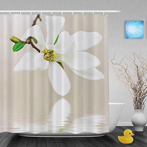 Nature Scenery Bathroom Shower Cutains Design With Blooming Magnolia Tree With White Flowers Water Reflection Waterproof Mildew Fade Resistant Polyester Fabric 66"X72"Inch