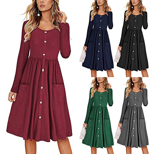 Witspace Women's Long Sleeve Round Neck Button Down Swing Midi Dress Pockets Dress - Thumbnail 4