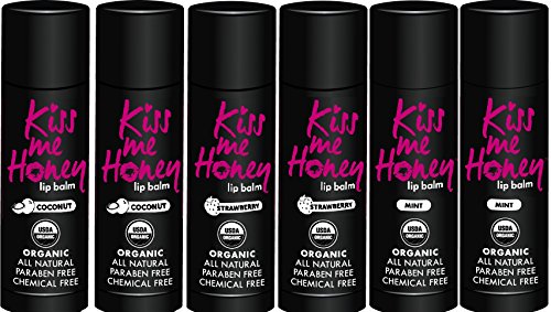 Kiss Me Honey Certified Organic Lip Balm Cruelty Free - Mint (2) Strawberry (2) Coconut (2) - 6 pack