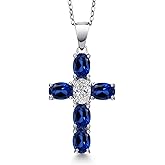 Gem Stone King 925 Sterling Silver Blue Created Sapphire and Lab Grown Diamond Cross Pendant Necklace for Women | 3.40 Cttw | Gemstone September Birthstone | Oval 6X4MM | With 18 Inch Chain