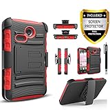LG Sunrise Case, LG Lucky Case, LG L15G, LG L16C Combo Rugged Shell Cover Holster with Built-in Kickstand and Holster Locking Belt Clip Red + Circle(TM) Stylus Touch Screen Pen And Screen Protector