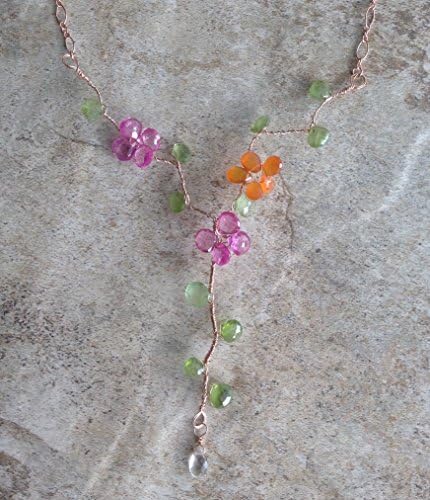 Pink Quartz and Carnelian Flower Necklace with Peridot leaves wrapped in Rose Gold Filled Wire
